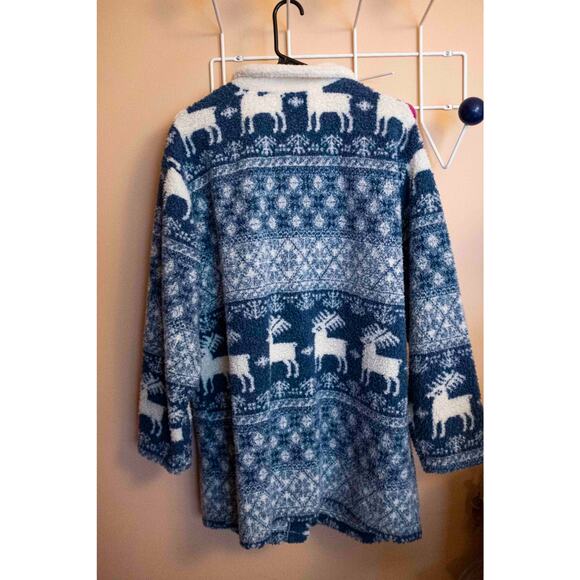 Vintage Blue Fleece Reindeer Jacket – Sherpa Collar Cozy Winter Zip-Up - Picture 3 of 4